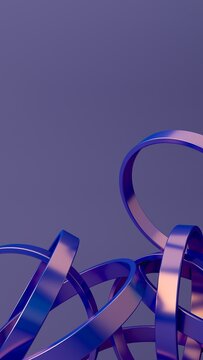 Abstract futuristic 3D render of glossy blue and purple metallic ribbons with curved geometric loops, vertical composition, close-up perspective, neon reflections, and minimal tech background. 
