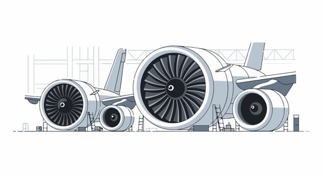 Two large airplane engines, one larger than the other, are shown
