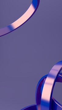 Abstract futuristic 3D render of glossy blue and purple metallic ribbons with curved geometric loops, vertical composition, close-up perspective, neon reflections, and minimal tech background. 
