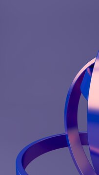 Abstract futuristic 3D render of glossy blue and purple metallic ribbons with curved geometric loops, vertical composition, close-up perspective, neon reflections, and minimal tech background. 
