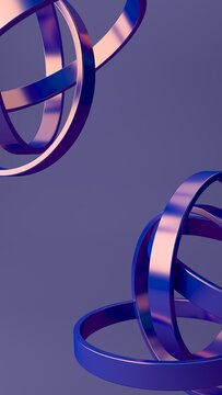 Abstract futuristic 3D render of glossy blue and purple metallic ribbons with curved geometric loops, vertical composition, close-up perspective, neon reflections, and minimal tech background. 