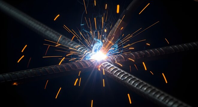 Welding Sparks Fly As Metal Rods Are Fused Together In Industrial Process