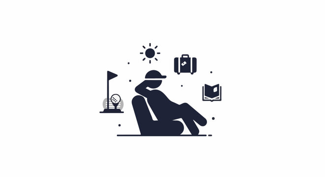 Person relaxing with golf, sun, suitcase, and book icons