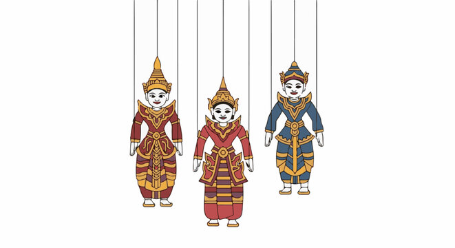 Three colorful traditional puppets suspended by strings against a white background