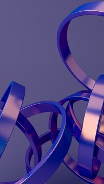 Abstract futuristic 3D render of glossy blue and purple metallic ribbons with curved geometric loops, vertical composition, close-up perspective, neon reflections, and minimal tech background. 