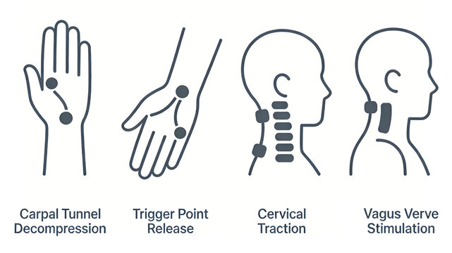 Palm acupoints, wrist trigger points, cervical spine, and vagus nerve represent decompression stimulation of the wrist and neck nerves, suitable for cervical traction devices and nerve therapy 