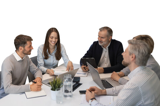 Successful businesspeople working in a coworking space working with laptop discussing strategy and business plan on a transparent background