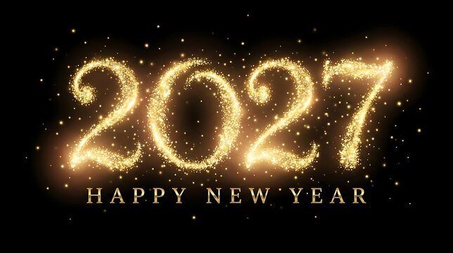 Golden sparkling text 2027 happy new year glowing with glitter dust and bokeh effects on black background celebrating festive holiday season with luxury elegance and joy.
