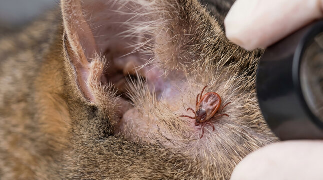 Veterinary doctor examining tick on cat ear with magnifying glass. Infection risk and parasite control for pet health. Close up of blood sucking insect on animal fur during checkup.
