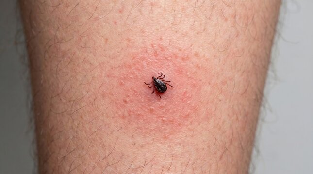 Tick crawling on human leg skin. Parasite biting to cause Lyme disease or encephalitis. Danger of infection from insect sting. Macro view of arthropod on skin showing inflammation.