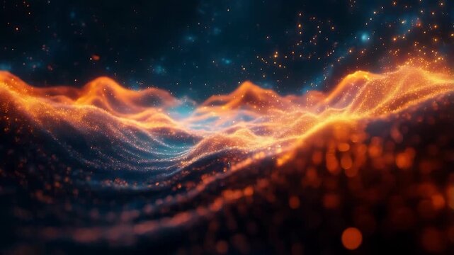 Abstract digital landscape with glowing orange waves, a bright yet dark cosmic art piece suitable for energyrelated designs. Perfect for dynamic backgrounds.