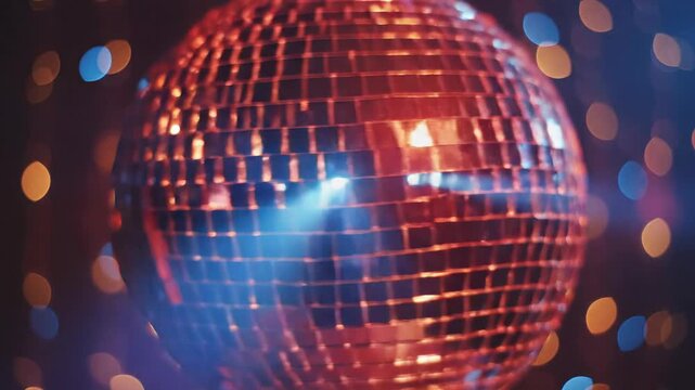 Disco ball reflecting light beams, creating a vibrant party atmosphere with bokeh lights.