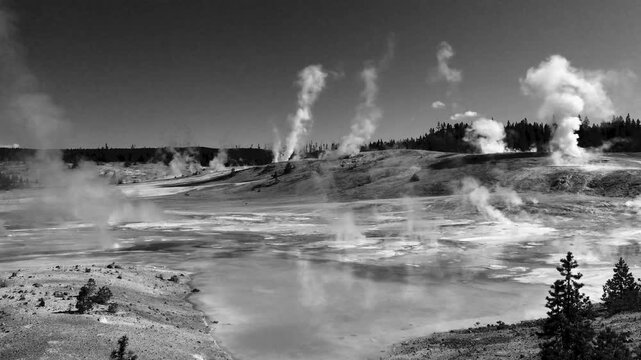 Old movie style  (1940's) of Norris Geyser Basin , Yellowstone National park.Wyoming, USA	
