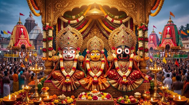 Vibrant depiction of Lord Jagannath Balabhadra Subhadra deities adorned with ornate crowns and jewelry during the auspicious Rath Yatra festival illuminated by warm golden light and traditional diyas 