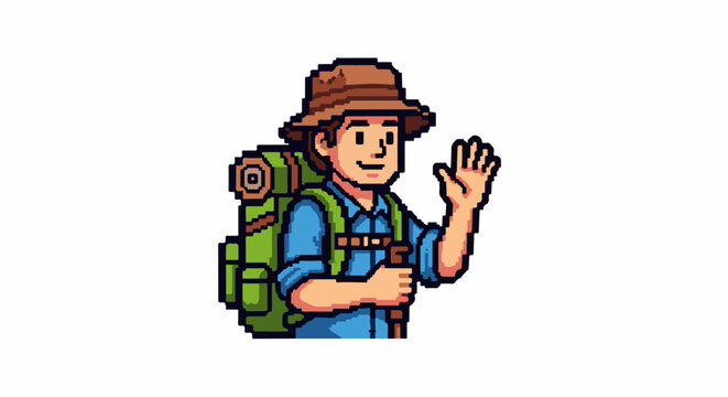 Pixel art hiker with backpack and walking stick waves hello