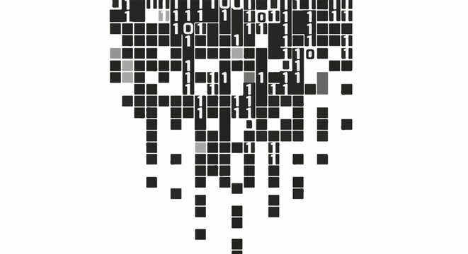 Pixelated binary code forming a cascading digital pattern