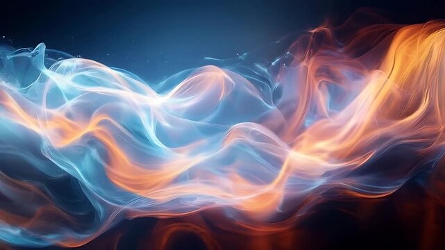Swirling blue orange smoke clouds create abstract patterns with ethereal light energy waves. Suitable for backgrounds, art projects, or digital design.