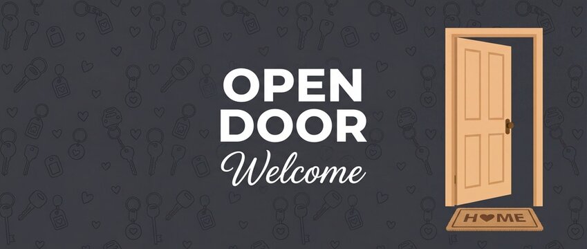 Open house welcome home door banner invite clients to property viewing with warm hospitable concept, featuring real estate keys pattern background, doorway entrance mat, and new homebuyer invitation
