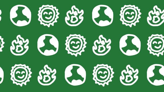 Seamless pattern of hand-drawn planet earth, smiling sun, and flame icons on a green background animation. Ecology conservation wallpaper and climate awareness line art. Seamless looping.