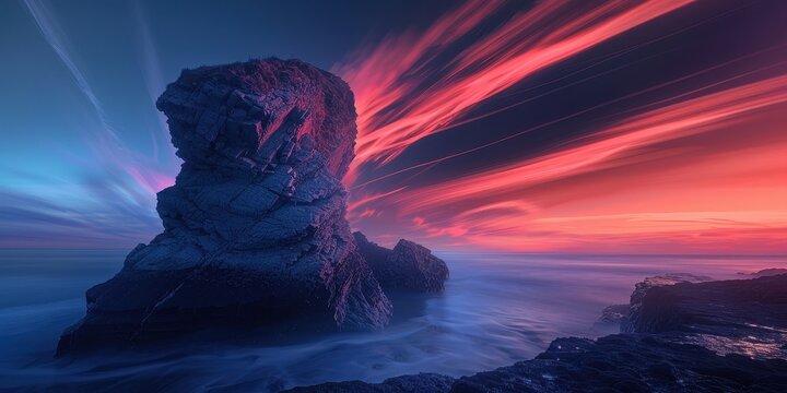 Majestic Sea Stack on Coastal Shoreline with Dramatic Long Exposure Sunset Sky