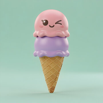 Cute 3D double scoop ice cream cone with a winking happy face, kawaii strawberry and lavender flavor icon isolated on mint background
