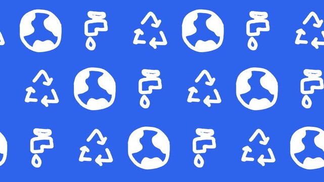 Seamless pattern of hand-drawn recycling loops, planet earth, and water tap icons on a blue background animation. Environmental conservation wallpaper and sustainable resources line art.