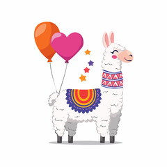 Naklejka premium Cute Llama with Balloons and Stars