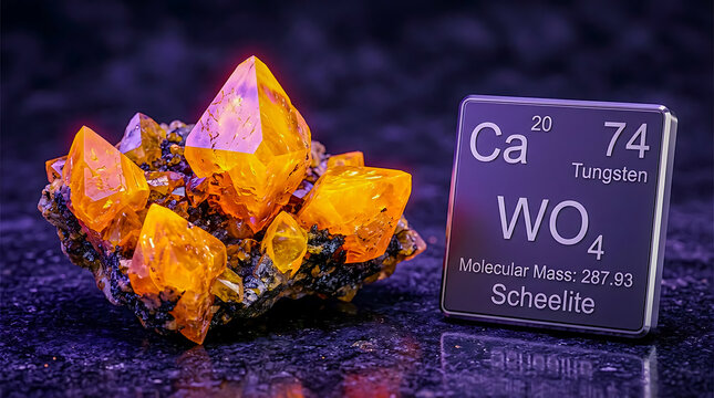 Raw Scheelite Dipyramidal Crystal Cluster Orange-Yellow Fluoresc