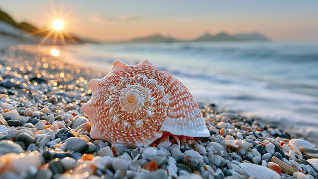 Single seashell resting on a pebble beach with ample copy space, creating a peaceful summer background that evokes coastal relaxation, travel, and natural seaside beauty.