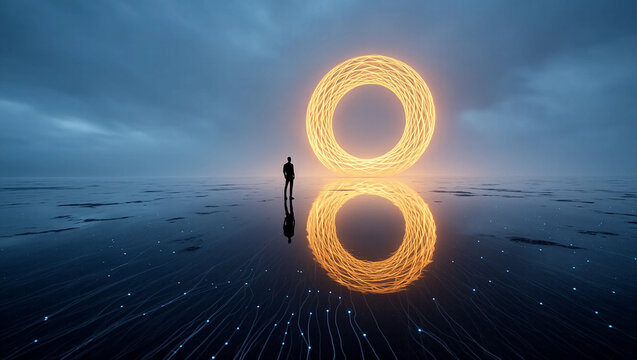 Futuristic glowing portal and silhouette on a surreal reflective landscape
