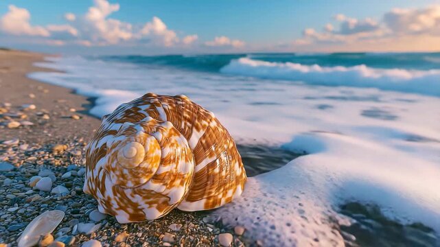 Single seashell resting on a pebble beach with ample copy space, creating a peaceful summer background that evokes coastal relaxation, travel, and natural seaside beauty.