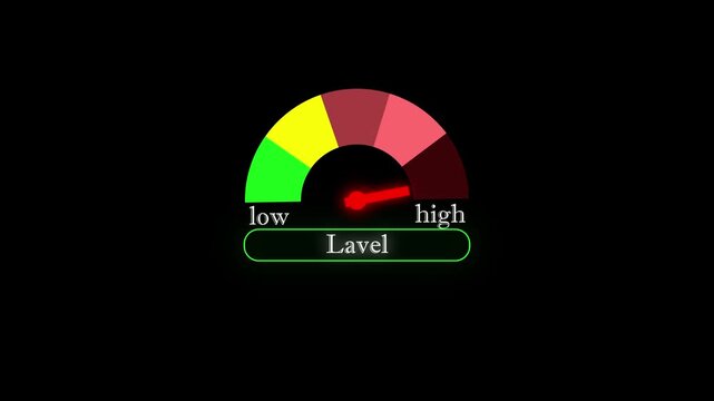 Decibel meter showing medium level with red yellow and green zones. 4K motion animation on a transparent background alpha channel.4k