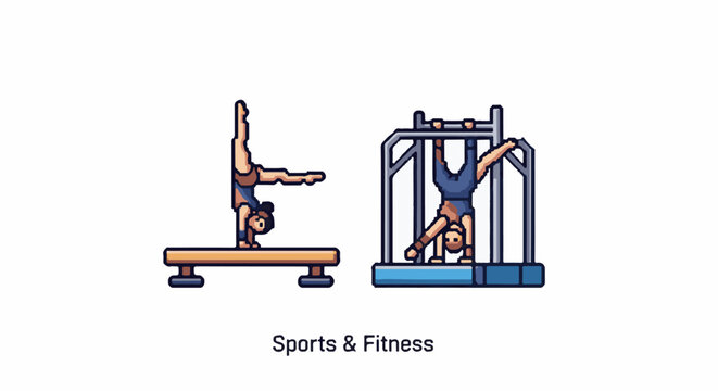 Pixel art of gymnasts performing on balance beam and parallel bars
