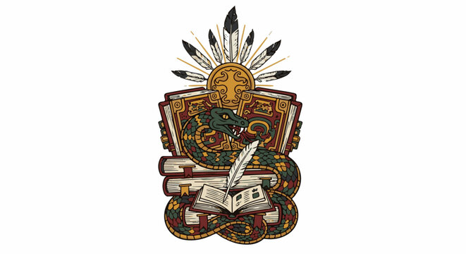 Serpent intertwined with books under a feathered sun symbol