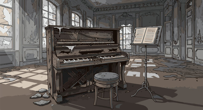 Dilapidated grand hall with a broken piano and music stand