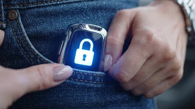 Woman's hand placing car key fob with lock symbol into denim pocket