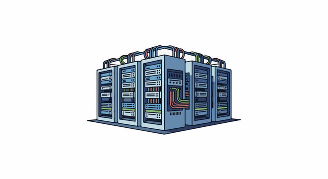Server racks with colorful cables connect data center equipment in a blue cluster