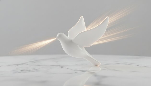 White porcelain dove flying over marble surface with glowing golden rays of fire light, representing a religious pentecost holy spirit illustration concept for hope and peace