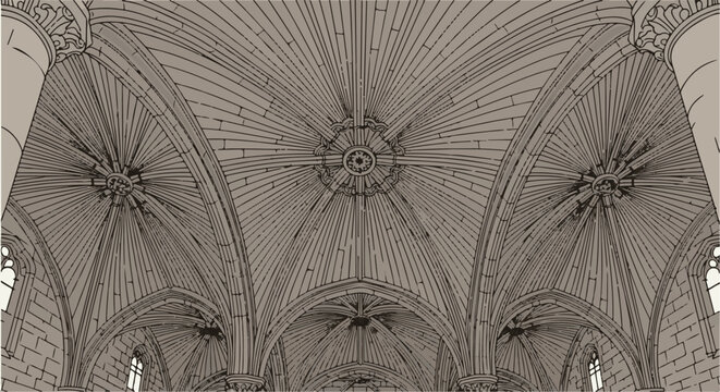 Intricate Gothic vaulted ceiling with radiating stone ribbing and arched windows