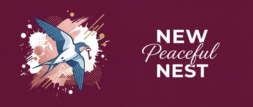 Swallow flying bird carrying key for new peaceful nest banner concept. Elegant graphic illustration with rose gold brush stroke splash and typography on dark burgundy deep red background backdrop.
