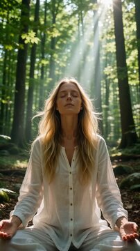 Healing Through Nature Light woman meditating in bright forest with sunlight beams, healing through nature light promoting mindfulness and inner peace, healing through nature light wellness meditation