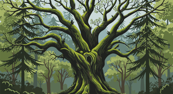 Ancient moss-covered tree dominates a misty pixel art forest with evergreen trees