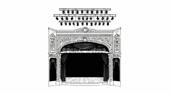 Ornate stage with curtains and overhead spotlight rig