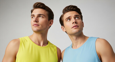 Fototapeta premium Two young men in bright tank tops look upwards with thoughtful expressions, symbolizing aspiration, hope, and shared vision, perfect for lifestyle or motivational themes.