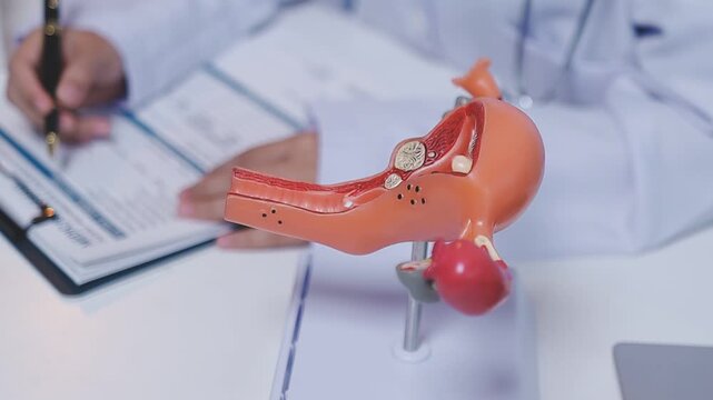 Doctor holding human uterus model for vaginal and cervix pap smear check up in the obstetrics and gynecology.