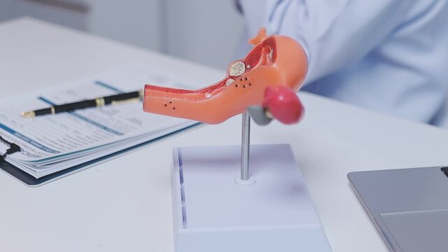Doctor holding human uterus model for vaginal and cervix pap smear check up in the obstetrics and gynecology.