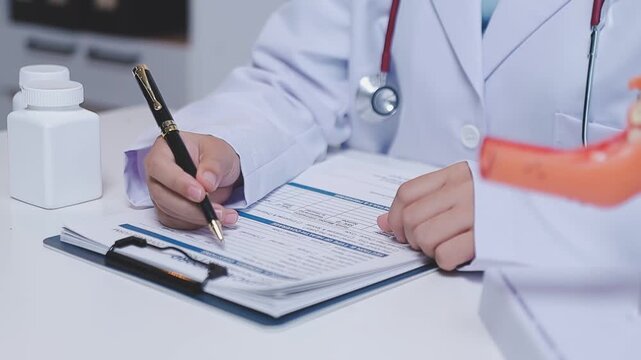 Doctor holding human uterus model for vaginal and cervix pap smear check up in the obstetrics and gynecology.