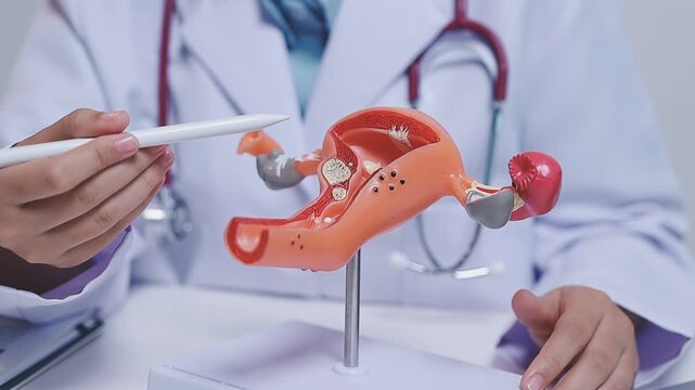 Doctor holding human uterus model for vaginal and cervix pap smear check up in the obstetrics and gynecology.