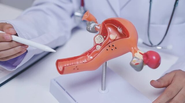 Doctor holding human uterus model for vaginal and cervix pap smear check up in the obstetrics and gynecology.