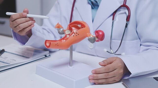 Doctor holding human uterus model for vaginal and cervix pap smear check up in the obstetrics and gynecology.